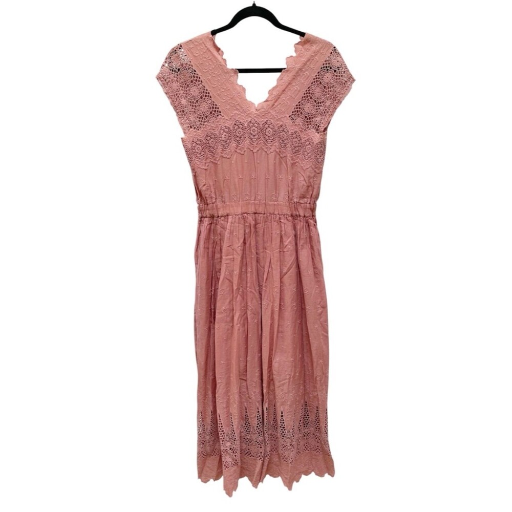 ULLA JOHNSON Savannah Dusty Rose Pink Eyelet Midi Dress Boho Style Size 2 - Picture 3 of 9